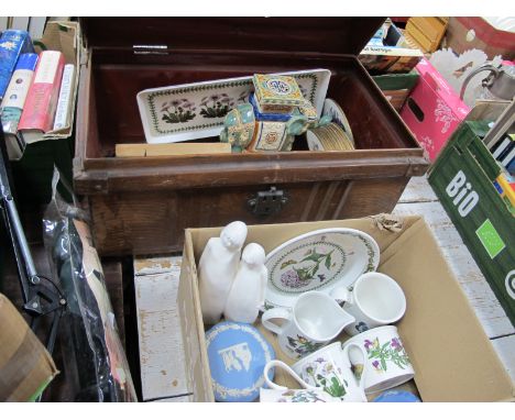 Portmerion Botanic Garden Table Ware, Wedgwood Jasper, Doulton figurine, Avocado dishes, pottery elephant, etc, tin trunk and