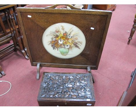 A XIX Century Pine Box, with poker work leaf carving to oak lid, oak fire screen with dried flowers to centre, 66cm wide.