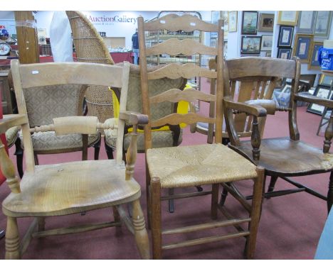A Pair of XIX Century Ash/Elm Chairs, with rail backs, turned central rial shaped arms on turned legs with H stretchers, toge