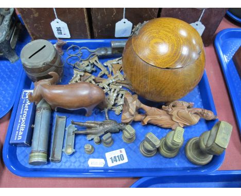 Brass Graduated Bell Weights, painted soldiers, candle snuffer, oak caddy box, etc:- One Tray.