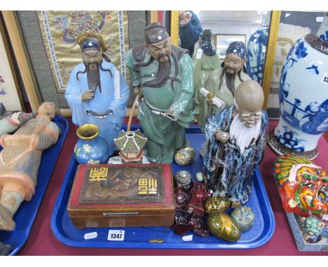 Oriental Ceramic figures, oak box, eggs, cloisonne vase, etc:- One Tray.