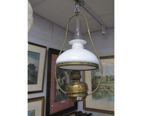 XIX Century Painted Vienna Style Wall Clock; together with a hanging ceiling paraffin light. (2)