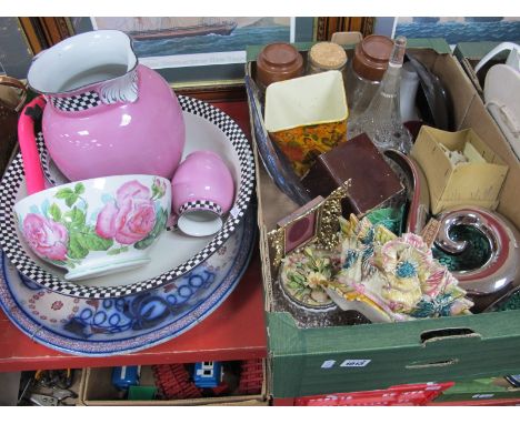 Wilkinson Jug and Bowl, crescent rose bowl, epergne flues, glass plate, etc.