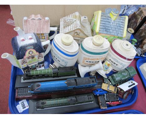 Three Wade Spirit Barrels, teapots, model trains, Dinky, etc:- One Tray.