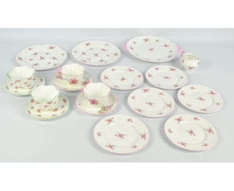 SHELLEY; four 'Dainty' shape cups and saucers to include a pair in 'Rosebuds' pattern, two 'Bridal Rose' pattern plates, a sa
