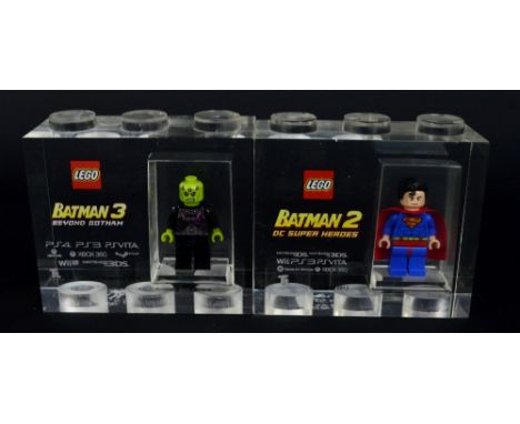 Two Lego for TT Games Minifigure acrylic trophy bricks, Superman from the Batman 2 DC Super Heroes game, issued 22nd June 201