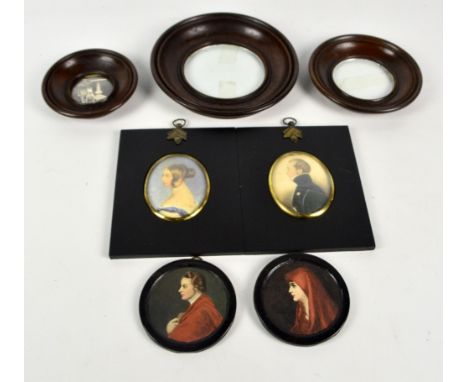 A pair of circular painted portrait miniatures, one marked 'A copy of an original miniature by Henry Bone' verso, and a pair 