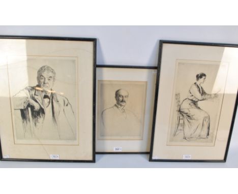 FRANCIS DODD (1874-1949); three black and white etchings, woman seated reading a book, portrait study of John Arbuthnot Fishe