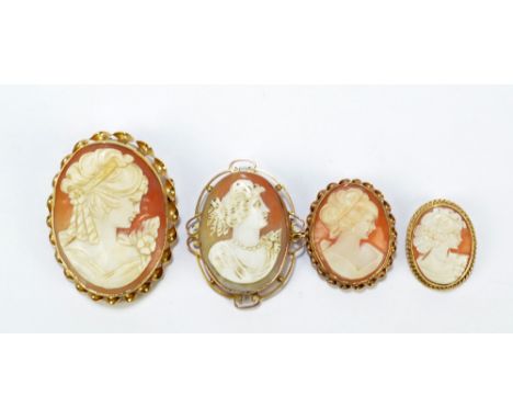Four 9ct yellow gold oval cameo brooches, each decorated with the profile portrait of a young woman, the largest 5.2 x 4cm (4