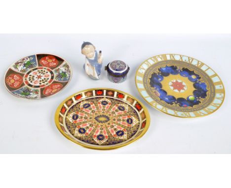 A small collection of ceramic items, including a Royal Crown Derby 'Old Imari' pattern dish (second), a Royal Worcester Mille