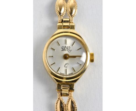 UNO; a vintage 9ct yellow gold cased lady's cocktail watch, the circular dial set with gold baton numerals, dial diameter 1.3