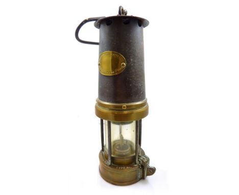 A circa 1930 Clanny style Patterson of Gateshead miner's safety lamp Type A3, with sliding lead rivet lock, height 24.5cm.