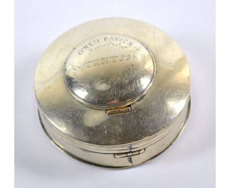 An early Victorian electroplated circular two compartment snuff box/ashtray, the hinged central lid inscribed 'Owen Davies A 