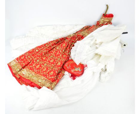 A group of vintage textiles including night gowns with lace insets, underskirt, dresses with lace edging, etc, and a red sequ