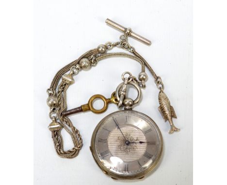 A late 19th century Continental silver key wind fob watch with Roman numerals to the chapter ring and suspended on an open ba