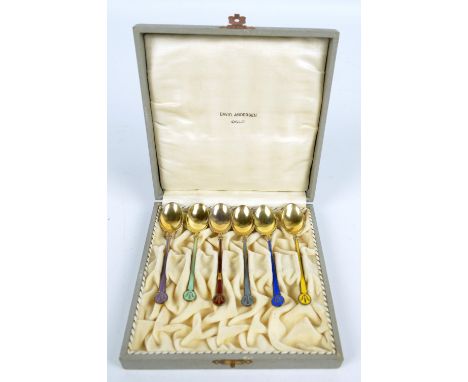 DAVID ANDERSEN; a cased set of six 925 silver gilt and guilloche enamel teaspoons in various colours (one af). CONDITION REPO