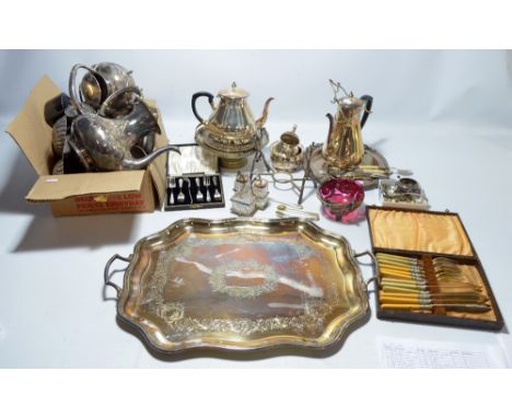 A quantity of electroplated items to include a teapot with S-scroll handle with ivory insulators, acorn finial and engraved f