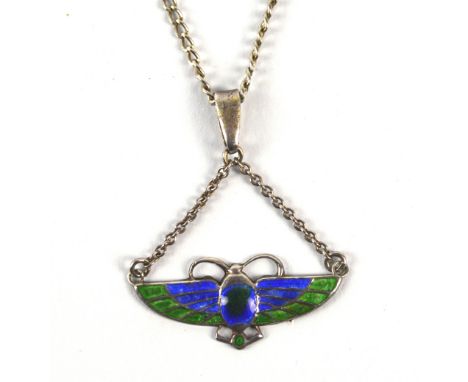CHARLES HORNER; an Edward VII hallmarked silver and green and blue enamel pendant in the form of a stylised butterfly suspend