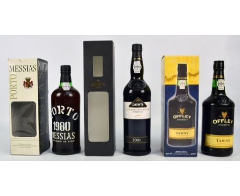 Three boxed 75cl bottles of port, comprising Offley, 19.5%, Dows 'Late Bottled Vintage', 20%, and Messias 1980, 20% (3).