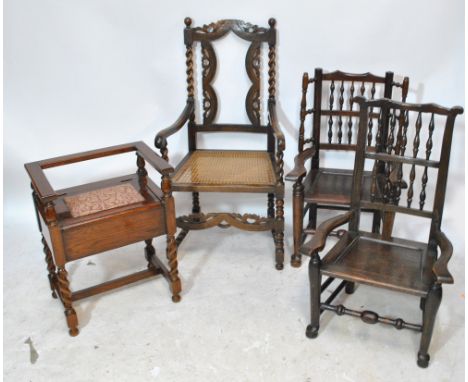 An early 20th century oak elbow chair with carved and pierced splat (missing cane work) cane seat and turned supports, two oa