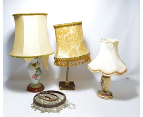 Three table lamps including a Chinese ceramic baluster example with painted decoration of roosters and flora between two band