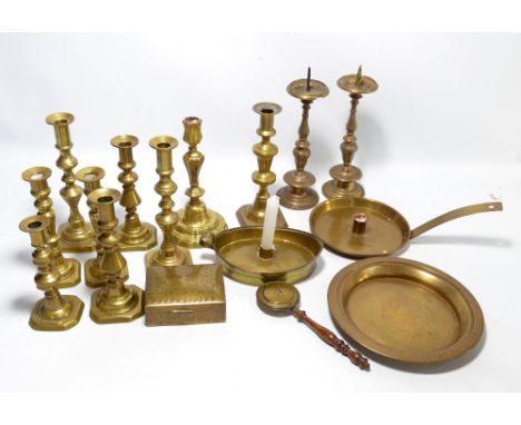 A small quantity of 19th century and later brass items to include four pairs of candlesticks and three single candlesticks, a