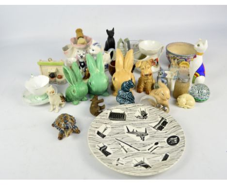 A group of ceramics including a Poole Carter Stabler Adams Ltd circular bowl, Sylvac rabbit figures, a Goebel figure group of