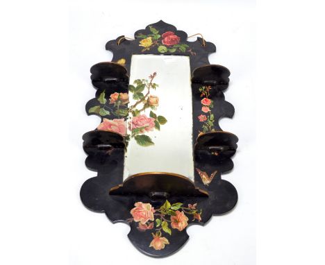 A late Victorian papier mâché floral decorated mirror with four shelves above a larger shelf, all folding, height 55cm. CONDI