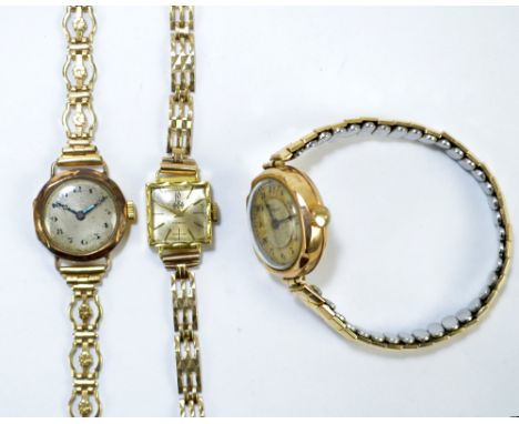 BUREN; a lady's vintage 9ct gold cased wristwatch with mother of pearl chapter ring set with Arabic numerals, a further 9ct y