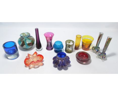 A small collection of coloured glass of varied size and form to include signed Mdina globular vase, height 14cm, and amethyst