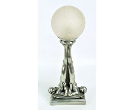 An Art Deco silvered spelter figural lamp base modelled as two nude female gymnasts supporting a globular frosted crackled gl