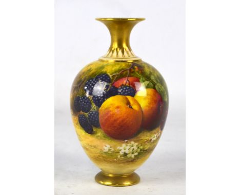 A Royal Worcester ovoid vase with wasted gilt decorated neck and base, painted with fruit, signed Ricketts, height 18cm. COND