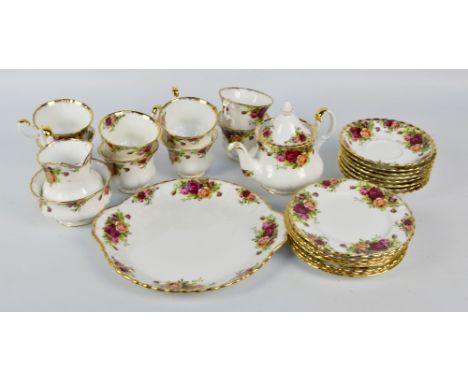 A Royal Albert 'Old Country Roses' pattern eight setting tea set comprising trios, teapot, cream jug, sugar bowl and a sandwi