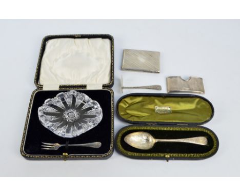 A small group of variously hallmarked silver items including a small rectangular engine turned decorated cigarette case, Will