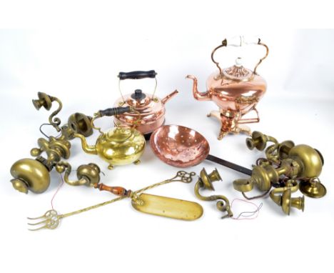 A collection of brass and copper items including a spirit kettle with ceramic handle and finial (handle af), and a pair of tw