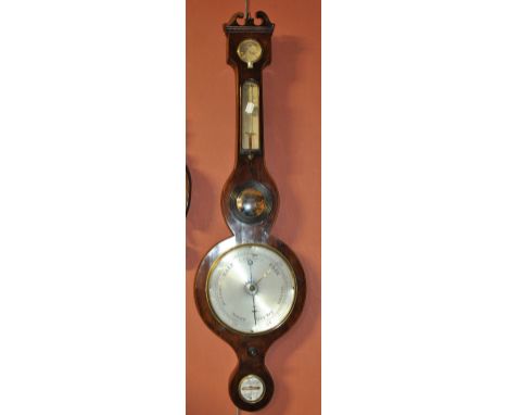 An early 20th century banjo thermometer and barometer set with silvered central circular dial, dial diameter 19.5cm, length a