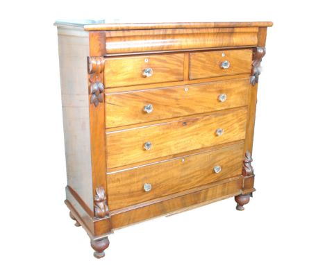 A Victorian mahogany Scotch chest of two short over three long drawers on bun feet, width 135cm.