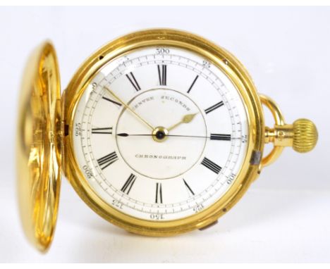 A late Victorian 18ct yellow gold crown wind full hunter pocket watch, the two-piece white enamel dial set with Roman numeral