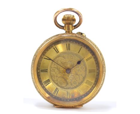 An 18ct yellow gold crown wind fob watch, with engraved case and Roman numerals to the circular dial, diameter excluding wind