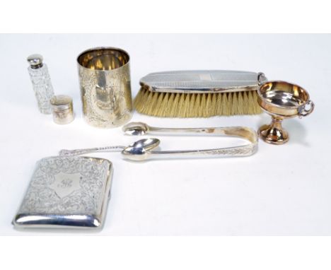 A group of variously hallmarked silver items to include a christening mug, Joseph Gloster, Birmingham 1908, height 7cm, a cig