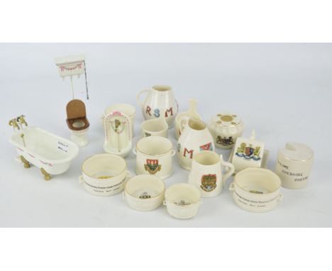 A collection of crested ware including a WH Goss 'Model of Ancient Irish Wooden Noggin', no.489580, 'Model of Elizabethan Qua