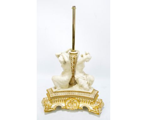 A 19th century Copeland Parian ware centrepiece modelled as three kneeling semi-nude women on gilt heightened ornamental trip