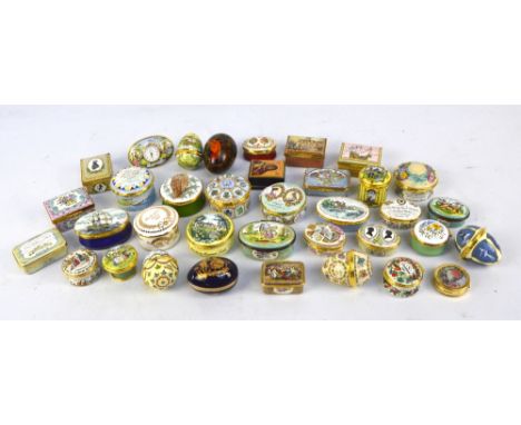A collection of thirty-one enamel boxes including a Halcyon Days trinket box 'The Haymakers', 28/300, a Queen Mother 85th bir