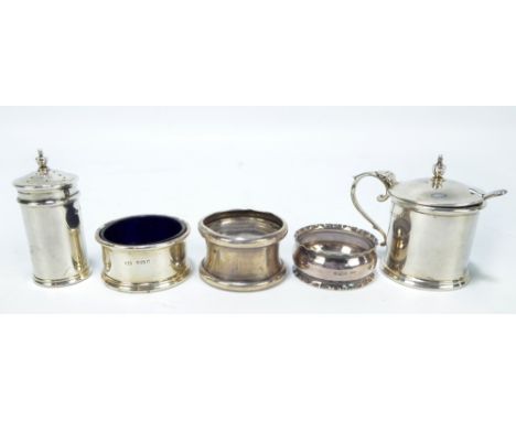 ROBERT PRINGLE & SONS; a George V hallmarked silver three piece cruet set of plain circular form, the pepper and mustard with