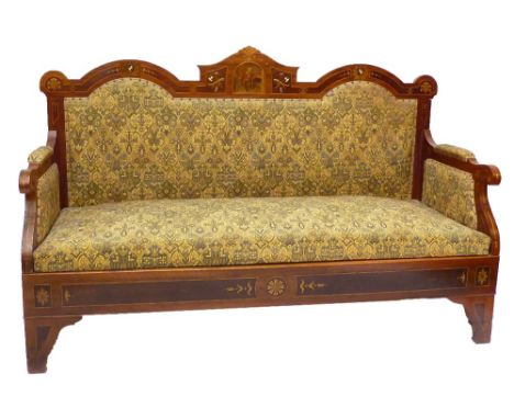 LUIGI PASQUALE (1822-1894); a late 19th century Italian walnut and inlaid settee with shaped back centred with an inlaid pane