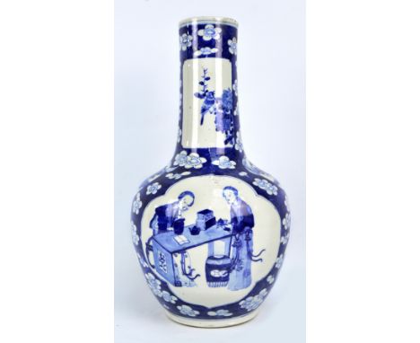 A large 19th century Chinese porcelain bottle vase painted in underglaze blue with two main opposing panels depicting figural