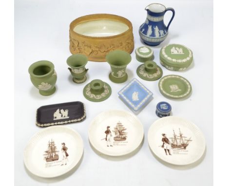 A collection of Wedgwood predominantly green and blue Jasperware, to include a jug, a baluster vase and pin dishes, also thre