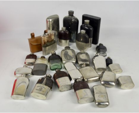 A collection of various predominantly Sheffield electroplated hip flasks, the majority with conforming cups, some leather cov