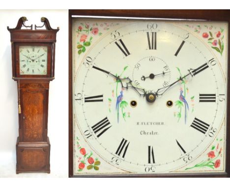 ROBERT FLETCHER OF CHESTER; a George III oak and mahogany crossbanded, conch shell inlaid longcase clock, the broken swan nec