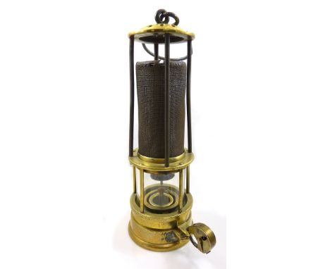 A circa 1880 open gauze Clanny style Davis of Derby miner's safety lamp with inner combustion tube, height 25cm.
